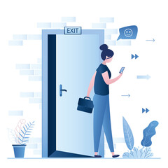 Businesswoman leaves office, end of working day. Brick wall, open door and plate-exit. Happy woman employee chatting on smartphone.