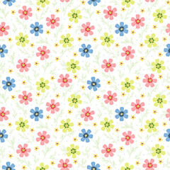 Floral Seamless Pattern. Cosmos Flower. Pink, Blue and Green Flowers. Vintage Background. Vector illustration
