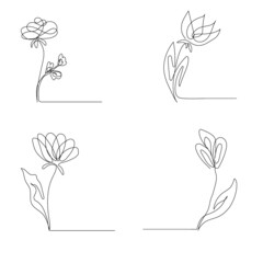 hand-drawn flowers, single line art, vector outline illustration
