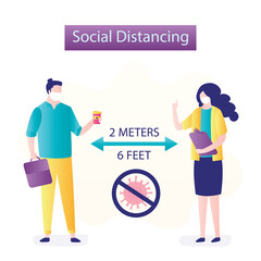 Social Distancing, two businesspeople keeping distance for infection risk and disease. 2 meters or 6 feet distance between humans