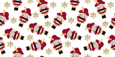 seamless pattern with nutcracker and snowflakes on white background in vintage style for fabrics, paper, textile, gift wrap