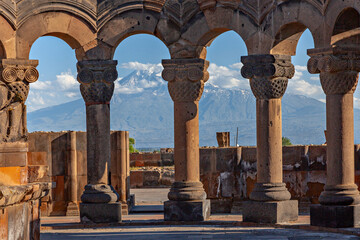 Fototapeta premium Ruins of Zvartnots Temple with Mount Ararat in the background, Armenia