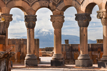 Fototapeta premium Ruins of Zvartnots Temple with Mount Ararat in the background, Armenia