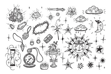 Magic Vector Set. Hand Drawn Doodle Precious Treasures, Sun, Moon (Crescent), Clouds, Stars, Gold Jewelry, Crystals, Gems, Diamonds
