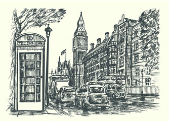 London city traffic scene with popular landmarks, hand drawn, sketch style,isolated,vector illustration.
