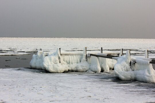 Bathing Jetty Covered With Ice, Ice Winter, Baltic Sea, Denmark, Scandinavia