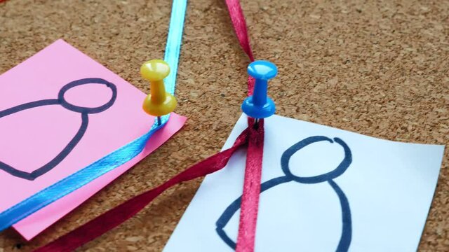 Push pins connected by ribbons on the board and pages with figures. Company structure, connections and network.