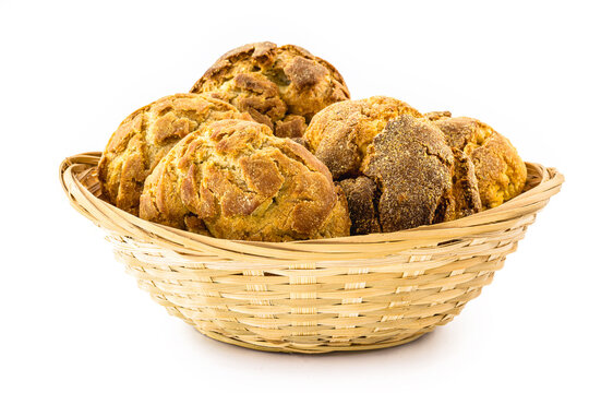 Brazilian cornbread on isolated white background. Homemade cheese bread, called broa or broinha, food from the June and July festivities.