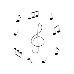 Treble clef and notes around. Hand drawn in doodle style. vector, scandinavian, monochrome. composition template for design card, sticker, poster. music melody