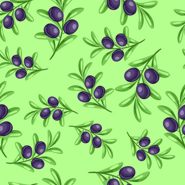Seamless pattern with ripe olives on branches.