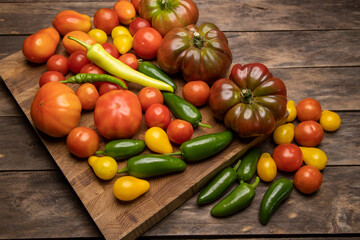 Garden fresh vegetables on wood butcher block on top wooden table 
