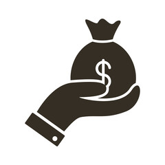 hand with money bag silhouette style icon