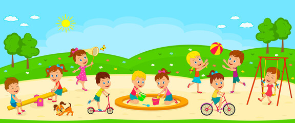 Fototapeta na wymiar kids, boys and girls are playing on the playground, illustration,vector