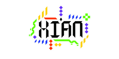 Colorful vector logo font of the city of Xian, in a geometric, playful finish. The abstract Asiatic ornament is a great representation of a tourism-oriented, dynamic, innovative culture of China.