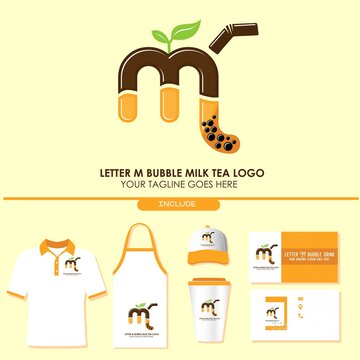 Brand Identity of Bubble Tea Drink or Milk Cocktail Logo with Initial M. Include Shirt. Apron. Hat. Cup. Business Card. Pearl Milk Tea. Popular Asian Drink. For Café and Restaurant Logo. Boba. Taiwan