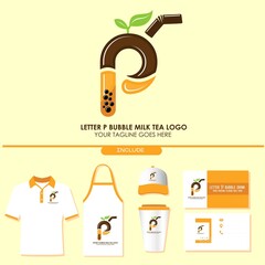 Brand Identity of Bubble Tea Drink or Milk Cocktail Logo with Initial P. Include Shirt. Apron. Hat. Cup. Business Card. Pearl Milk Tea. Popular Asian Drink. For Café and Restaurant Logo. Boba. Taiwan