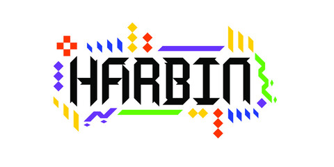 Colorful vector logo font of the city of Harbin, in a geometric, playful finish. The abstract Asiatic ornament is a great representation of a tourism-oriented, dynamic, innovative culture of China.