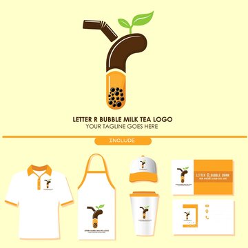 Brand Identity of Bubble Tea Drink or Milk Cocktail Logo with Initial R. Include Shirt. Apron. Hat. Cup. Business Card. Pearl Milk Tea. Popular Asian Drink. For Café and Restaurant Logo. Boba. Taiwan