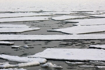 Hard winter with floes on the water