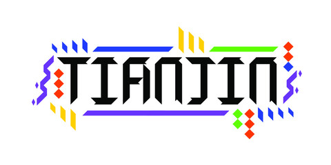 Colorful vector logo font of the city of Tianjin, in a geometric, playful finish. The abstract Asiatic ornament is a great representation of a tourism-oriented, dynamic, innovative culture of China.