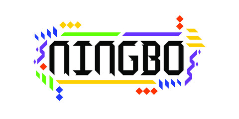 Colorful vector logo font of the city of Ningbo, in a geometric, playful finish. The abstract Asiatic ornament is a great representation of a tourism-oriented, dynamic, innovative culture of China.
