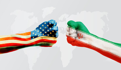 Flags of usa or United States of America and  Iran on hands punch to each others on light gray...