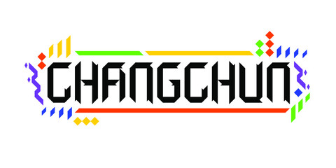 Colorful vector logo font of the city of Changchun, in a geometric, playful finish. The abstract Asiatic ornament is a great representation of a tourism-oriented, dynamic, innovative culture of China.