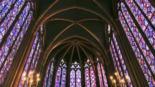 Beautiful Stained Glass Windows And Gothic Interior Architecture Of Paris Saint Chapelle - tilt up shot