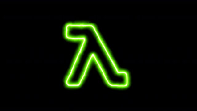 The appearance of the green neon symbol lambda. Flicker, In - Out. Alpha channel Premultiplied - Matted with color black