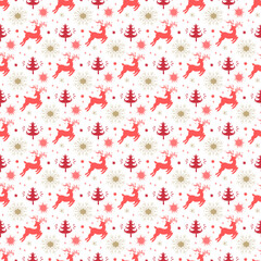 Merry Christmas Background. Holiday Vector Seamless Pattern. Christmas reindeer, Xmas Tree, Snowflakes, Stars Silhouettes. Winter Holidays. New year Wallpaper
