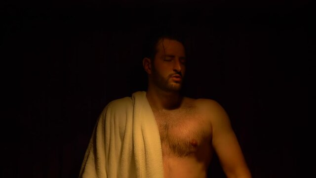 Men enjoying sauna with breathing exercise  mindfulness meditation