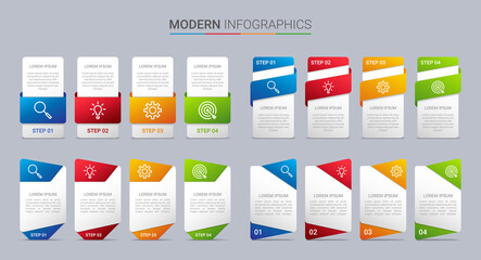 Colorful timeline infographic template with 4 steps on gray background, vector illustration