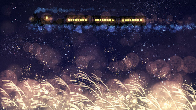 銀河鉄道の夜　ススキ　ファンタジーなイラスト　きらめく背景装飾