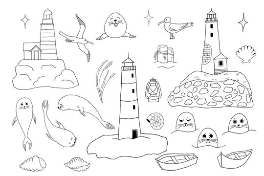 Collection of isolated black outline doodle with lighthouses, seagulls, seals, boats with oars, reeds and shells. Set of cute hand drawn sea objects for emblem design, coloring books, cards.