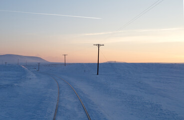 Snowy railway in winter. Winter background.