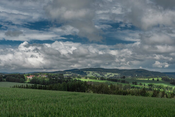 Obraz premium Green field and meadows with blue sky and white clouds in Krkonose national park