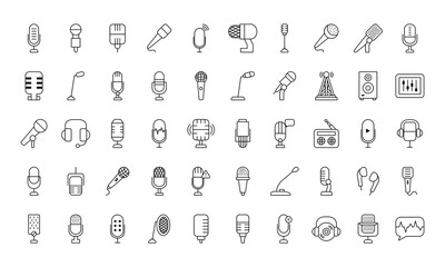 podcast and microphones icon set, line style - obrazy, fototapety, plakaty