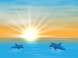 Dolphin in sea realistic and colored composition two dolphins swim in water and sun ryes break through water vector illustration