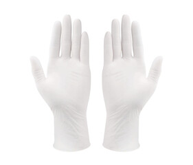 Two white surgical medical gloves isolated on white background with hands. Rubber glove...