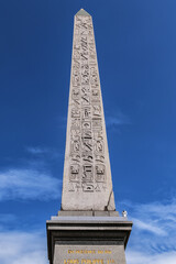 Famous 23 meters ancient Luxor Obelisk (Obelisque de Louxor, 1836) at the center of the Place de la Concorde in Paris, France.