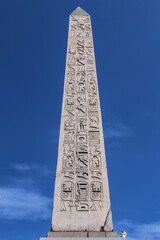 Famous 23 meters ancient Luxor Obelisk (Obelisque de Louxor, 1836) at the center of the Place de la...