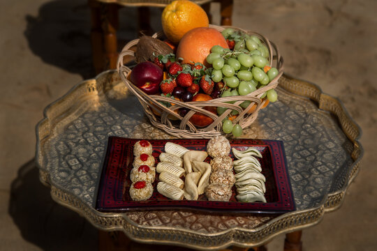 Wedding Ceremony On The Ocean In Morocco, Fruits And Traditional Sweets For Treats