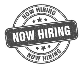 now hiring stamp. now hiring label. round grunge sign