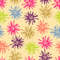 Fototapeta na wymiar Vector seamless pattern colorful design of abstract hand-drawn sun doodles on yellow background. The design is perfect for backgrounds, textiles, wrapping paper, wallpaper, decorations and surfaces