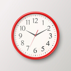 Vector 3d Realistic Simple Round Red Wall Office Clock with White Dial Icon Closeup Isolated on White Background. Design Template, Mock-up for Branding, Advertise. Front or Top View
