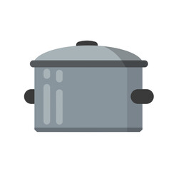 Pan. Grey steel cookware. Big utensil with lid for boiling. Flat Kitchen element and soup preparation. Cartoon illustration isolated on white
