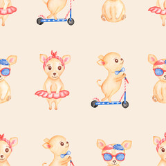 Watercolor Transport seamless pattern,  Hand drawn scooter, fashion dog. Cute domestic animal, kids party,  chihuahua dog clipart,  Illustration for fabric textile and scrapbooking