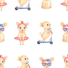 Watercolor Transport seamless pattern,  Hand drawn scooter, fashion dog. Cute domestic animal, kids party,  chihuahua dog clipart,  Illustration for fabric textile and scrapbooking