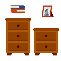 Nightstand and small wardrobe. Brown wooden furniture with drawers. Element of the room interior. Bedside table. Flat cartoon