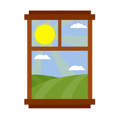 Beautiful countryside landscape from window with sun, blue sky. Element of interior of a country house. Life in the village. Green hills and a wooden frame with glass. Cartoon flat illustration